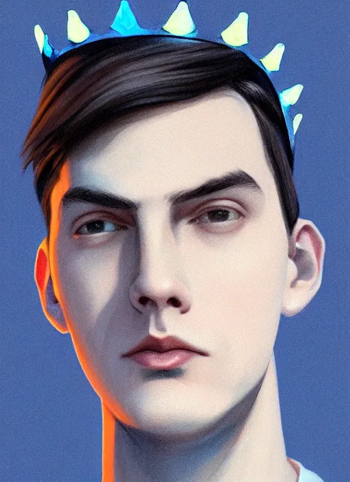 Image similar to portrait of teenage jughead jones wearing a light grey crown, crown, blue turtleneck, 1 9 5 0 s, closed eyes, photorealistic, black hair, glowing lighting, intricate, elegant, glowing lights, highly detailed, digital painting, artstation, concept art, smooth, sharp focus, illustration, art by wlop, mars ravelo and greg rutkowski