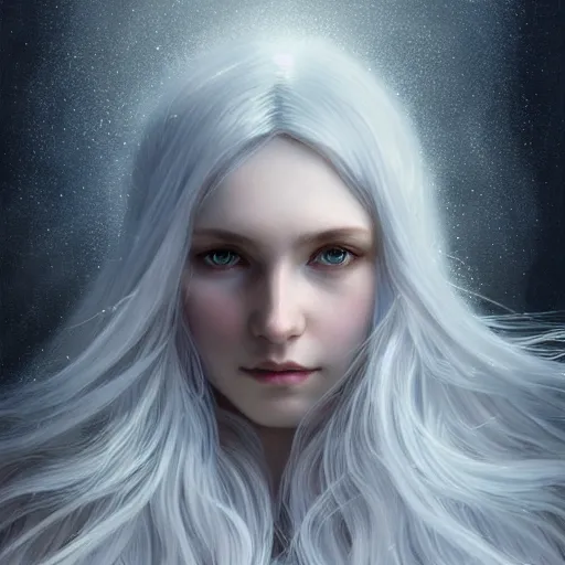 Image similar to girl with super long hair, hair becoming white snow, intricate, highly detailed, digital painting, artstation, concept art, smooth, sharp focus, illustration, unreal engine 5, 8 k, art by artgerm and greg rutkowski and alphonse mucha