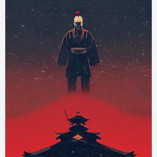 Image similar to a painting of a samurai silhouette in the snow, poster art by otomo katsuhiro and by petros afshar, cgsociety, nuclear art, reimagined by industrial light and magic, official art, poster art
