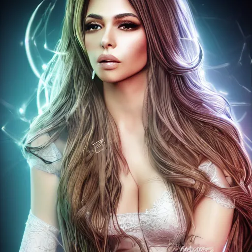 Prompt: portait nawal al zoghbi sensual, centred, very long hair, hd, hyperdetailed illustration by irakli nadar, intricate linework, bright colors, octopath traveler, final fantasy, unreal engine 5 highly rendered, global illumination, radiant light