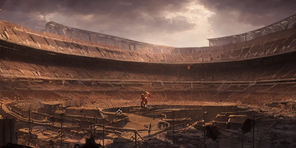 Image similar to coliseum chuquicamata, smooth, rossdraws, norman rockwell, emiliano ponzi, epic composition, hd, octane, unreal engine, volumetric lighting, light rays, masterpiece, award - winning