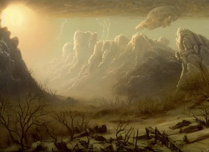 Image similar to earth after the cretaceous – paleogene extinction event, a harsh winter cools down the earth, blizzards envelop the lands and barely any sunlight gets through the thick dust clouds, dark skies, thick snow in the style of hudson river school of art, oil on canvas