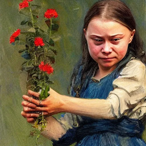 Prompt: Devastated Greta Thunberg holding a plant and crying, impressionism, barren earth, vivid attention to detail, by Greg Rutkowksi and Ilya Repin