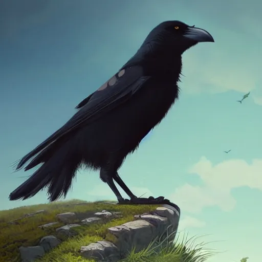 Prompt: a wholesome animation key shot of a crow on a hill, very coherent art, portrait shot, studio ghibli, pixar and disney animation, sharp, anime key art by greg rutkowski, bloom, dramatic lighting