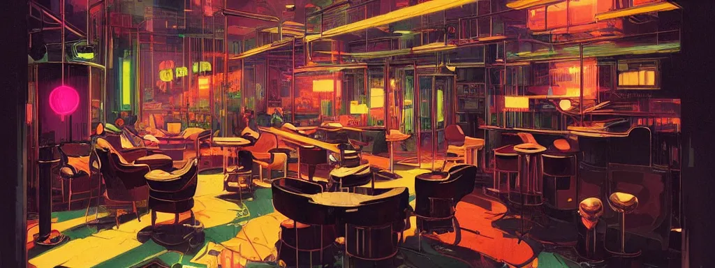 Prompt: concept art, crowded retro - futurist speakeasy, reflections, dark moody lighting, designer furniture, high ceiling, 6 0 s colour palette, beautiful plants, colourful flowers, syd mead, akihiko yoshida, cinematic