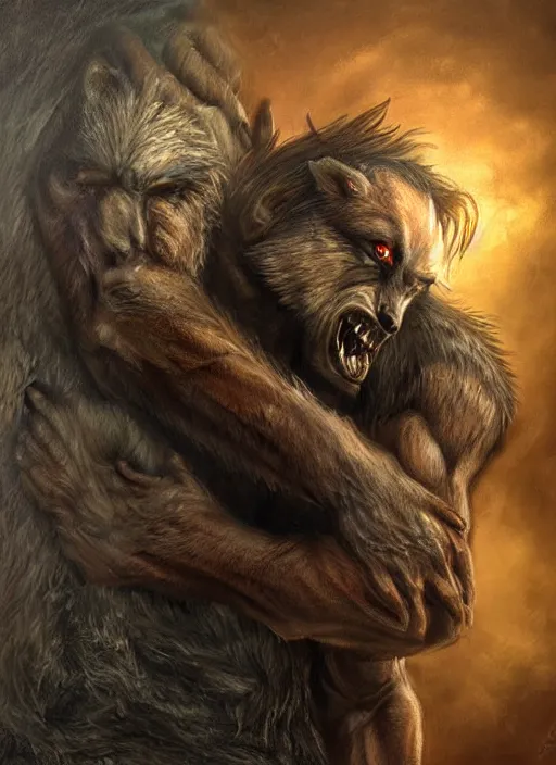 Prompt: a realistic painting of a werewolf at night hugging a man, dark fantasy art, matte painting, highly detailed