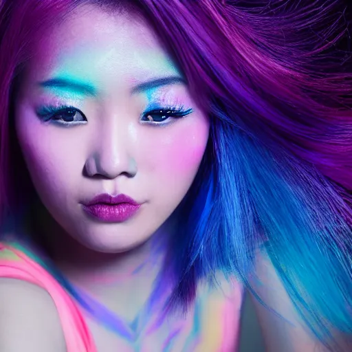 Prompt: beautiful asian girl with tattoo's and blue pink purple hair looking in the camera with misty and glowing background, new wave, portrait, 8 k, digital art