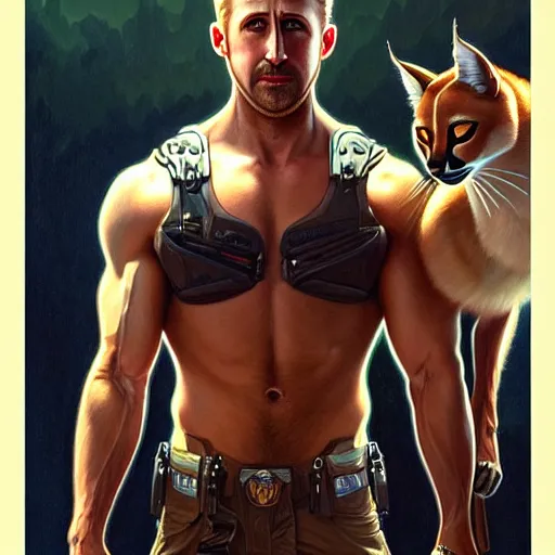 Image similar to Muscular Ryan Gosling holding cute caracal, portrait, sci-fi, fantasy, intricate, elegant, highly detailed, digital painting, artstation, concept art, smooth, sharp focus, illustration, art by artgerm and greg rutkowski and alphonse mucha