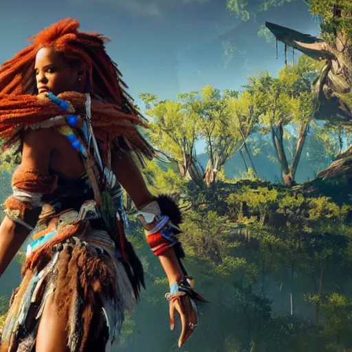 Prompt: rihanna in horizon zero dawn ( 2 0 1 7 ), 8 k wide shot