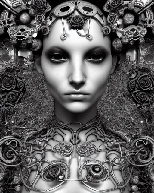 Image similar to mythical dreamy black and white organic bio-mechanical spinal ribbed profile face portrait detail of translucent steampunk beautiful female angelic-human-queen-vegetal-cyborg, highly detailed, intricate trnaslucent ivy jelly ornate, poetic, translucent roses ornate, 3D render, digital art, octane render, 8K artistic photography, photo-realistic, by Dora Maar