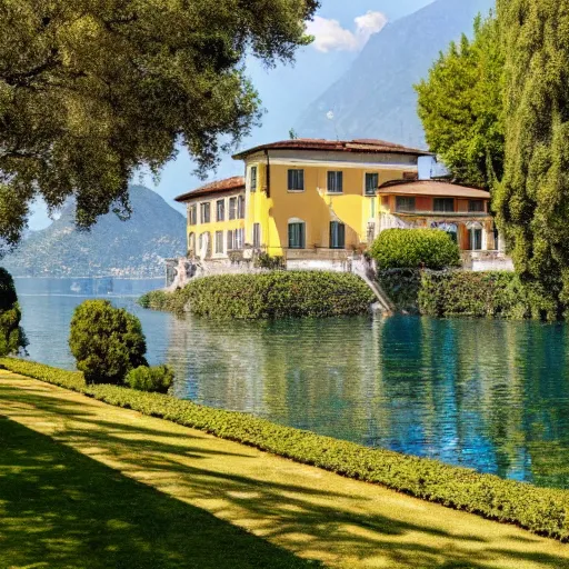 Prompt: Large Italianate House with beautiful landscaping on the shores of Lake Como, by Claude Monet