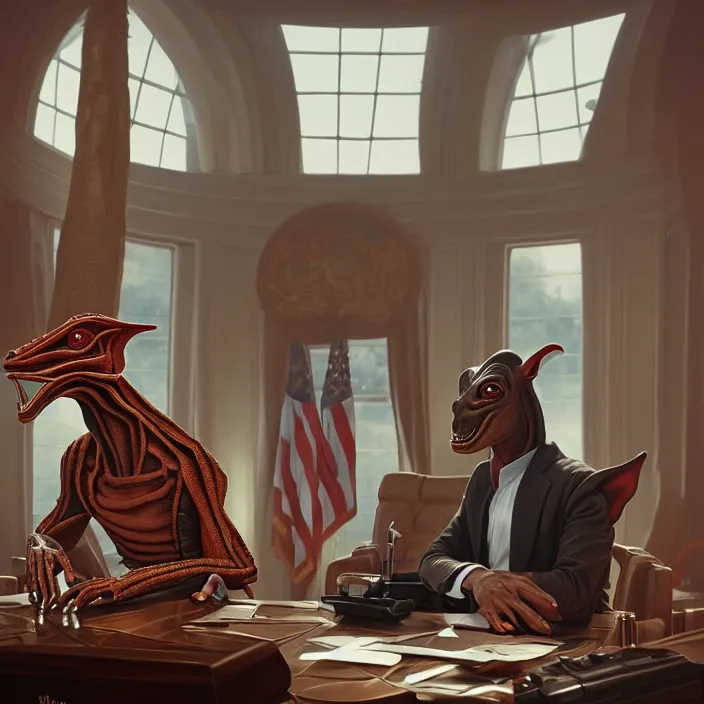 Image similar to portrait of jar jar binks in the oval office. intricate abstract. intricate artwork. by tooth wu, wlop, beeple, dan mumford. octane render, trending on artstation, greg rutkowski very coherent symmetrical artwork. cinematic, hyper realism, high detail, octane render, 8 k, iridescent accents