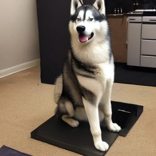 Image similar to an extremely muscular husky dog posing in front of a mirror