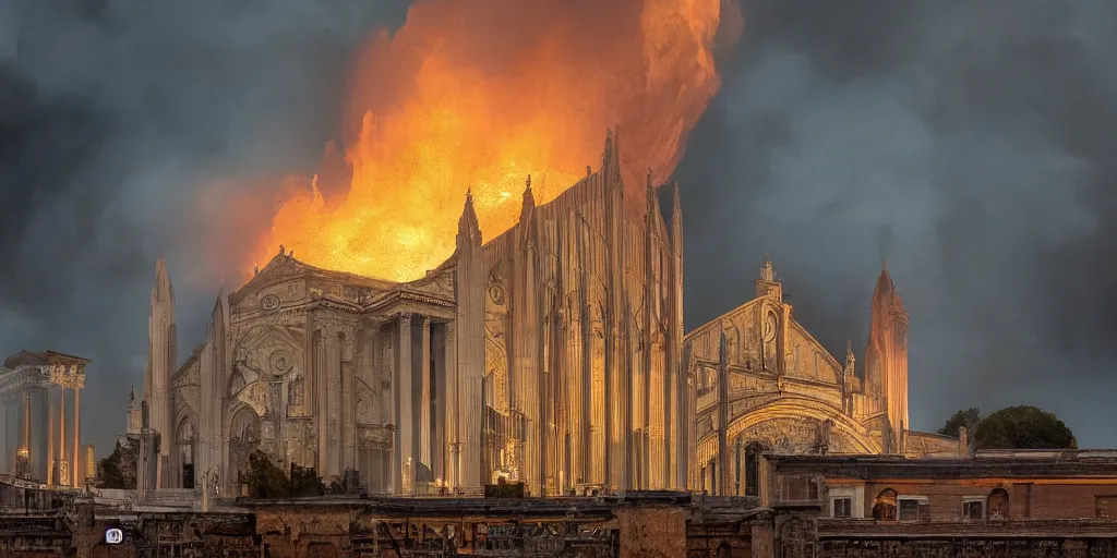 Image similar to photography of Basilica of St Peter collapsing in flames and dark smoke, vfx by weta digital, cinematic, rule of thirds, golden ratio, evening, photography by Annie Leibovitz