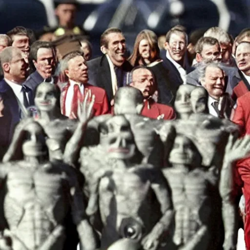 Prompt: ap press image of aliens greeting world leaders publicly for the first time.