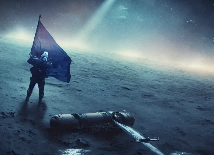 Image similar to astronaut holding a flag in an underwater desert. a submarine is visible in the distance. dark, concept art, cinematic, dramatic, atmospheric, 8 k, trending on artstation, blue, fish, low visibility, fog, ocean floor, christopher nolan, interstellar