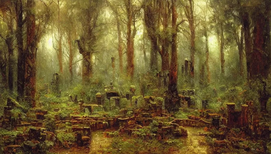 Image similar to forest filled with ruins, heavy rain, in the style of Gaston Bussière