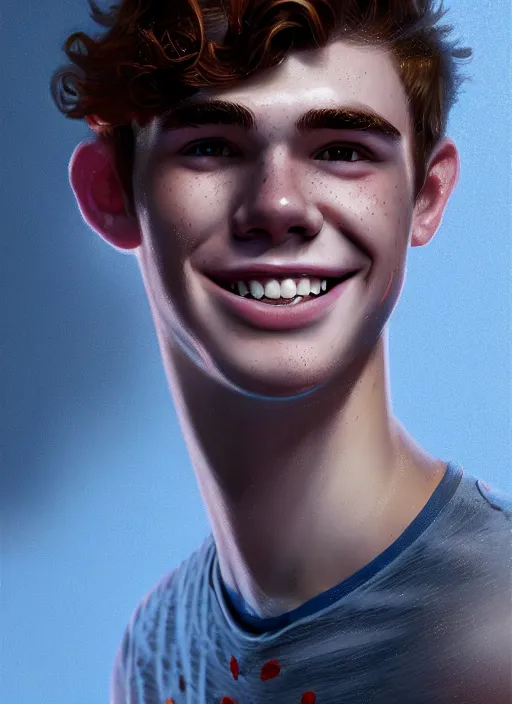 Image similar to portrait of teenage archie andrews, freckles, curly middle part haircut, curly hair, smiling kindly, intricate, elegant, glowing lights, highly detailed, digital painting, artstation, concept art, smooth, sharp focus, illustration, art by wlop, mars ravelo and greg rutkowski