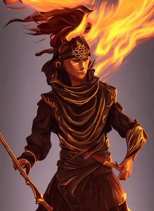 Prompt: An Artstation drawing style of a young man wearing a black scale ninja outfit with golden details, no mask, wavy golden hair and blue eyes. He is holding a golden bo staff. He is in a fiery desert with a blue sky.