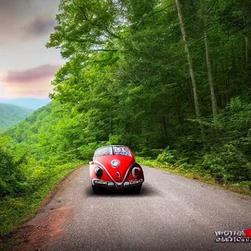 Image similar to promotional scifi - mystery movie scene of a ( volkswagen beatle ) and ladybug hybrid that's more ladybug. racing down a dusty back - road in smokey mountains tennessee. cinematic, 4 k, imax, 7 0 mm, hdr