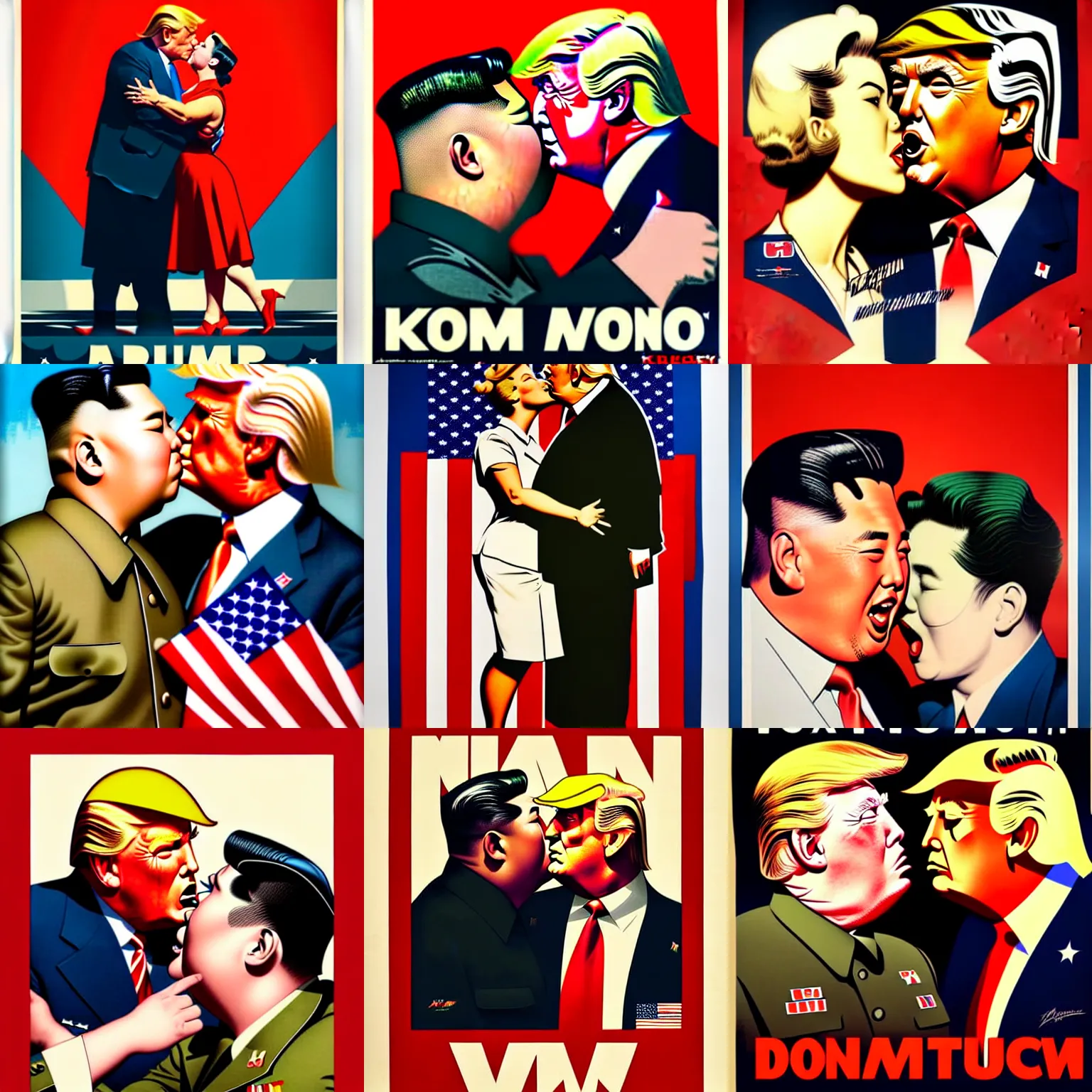 Prompt: a wwii us propaganda portrait of kim jong - un kissing donald trump by elvgren and dan mumford