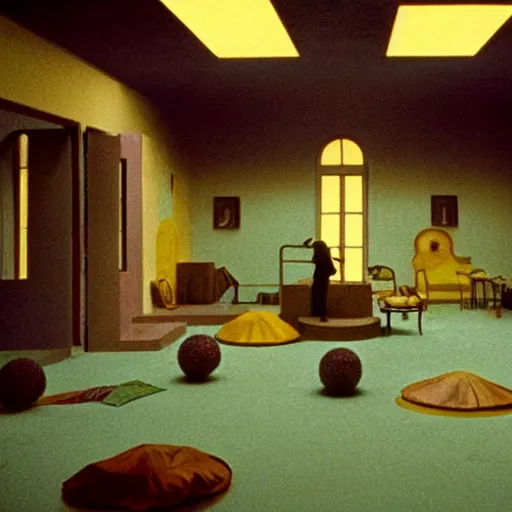 Prompt: film still from surreal arthouse film, avant garde, wes anderson color palette, unusual lighting choices, award winning set design