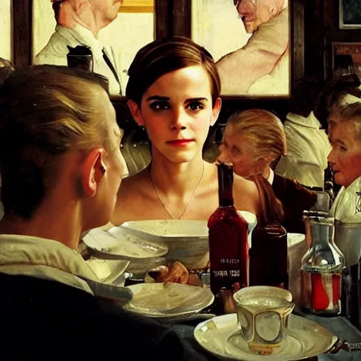 Prompt: Emma Watson at a diner, head and shoulders portrait, extremely detailed masterpiece, Roger Deakin’s cinematography, oil on canvas, Norman Rockwell.