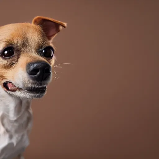 Image similar to studio portrait of a scruffy terrier-chihuahua mix with a tan face, white snout, and underbite