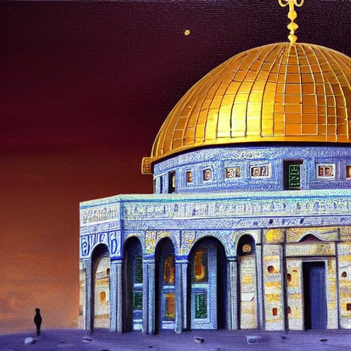 Prompt: a beautiful oil painting flyer design illustration of dome of the rock jerusalem lots of children protecting it, intricate, elegant, highly detailed, digital painting, artstation, concept art, smooth, sharp focus, illustration