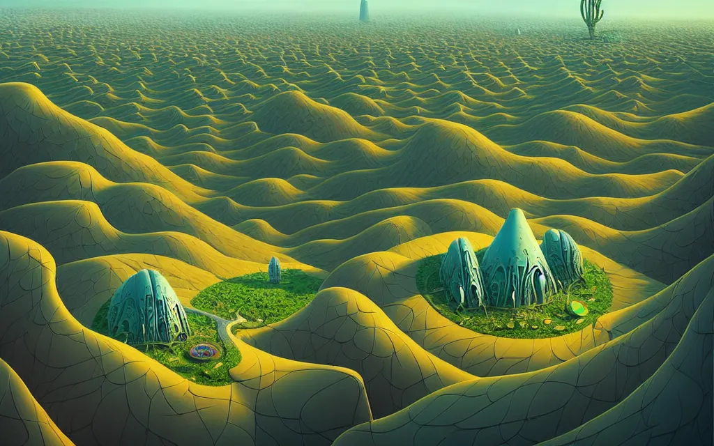 Image similar to gediminas pranckevicius very detailed, ilya kuvshinov, mcbess, rutkowski, illustration of a dense green alien megacity on a desert planet, alien architecture, seen from above, colorful, deep shadows, astrophotography