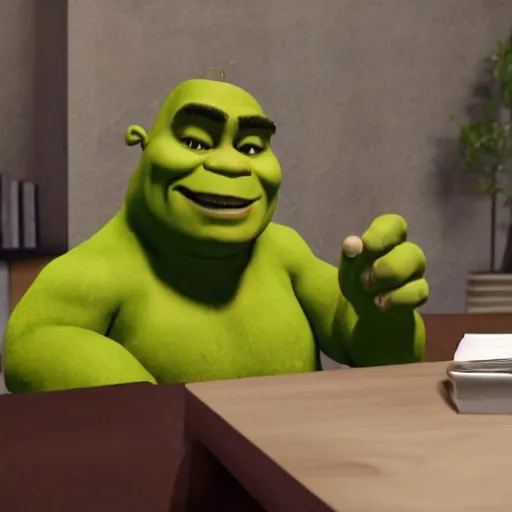 Image similar to photorealistic shrek uncomfortable at a job interview, wearing a business suit. octane render. high resolution.