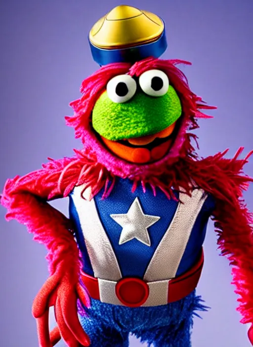 Image similar to studio portrait still of muppet!!!!! captain america in avengers infinity war!!!!!! as a muppet muppet as a muppet, 8 k, studio lighting, key light,