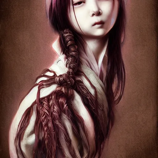 Image similar to portrait of a Shibari rope wrapped face and neck Japanese schoolgirl, headshot, insanely nice professional hair style, dramatic hair color, digital painting, of a old 18th century, traveler, amber jewels, baroque, ornate clothing, scifi, realistic, hyperdetailed, chiaroscuro, concept art, art by Franz Hals and Jon Foster and Ayami Kojima and Amano and Karol Bak,