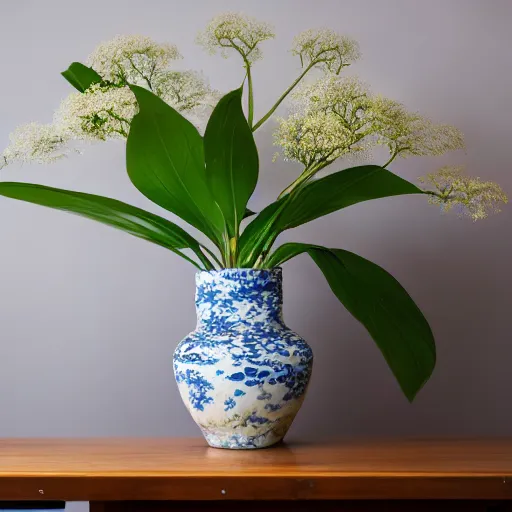 Image similar to a photo of 8k Ikebana in flower vase, sougetsu, wide angle, full body, sony a7r3, ultra detail, photorealistic, in simple background