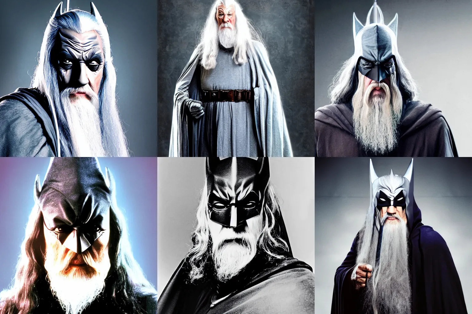 Prompt: portrait photo of gandalf dressed as batman