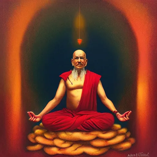 Image similar to wise old Indian guru, floating in the air, meditation, red and gold, by Anato Finnstark, Tom Bagshaw, Brom