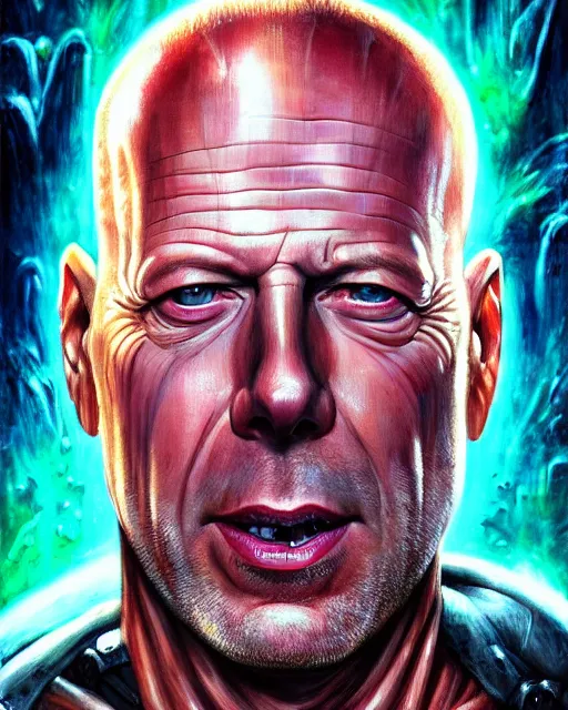 Image similar to bruce willis, by antonio j. manzanedo, giger, alex grey, android jones, wayne barlowe, philippe druillet, raymond swanland, cyril rolando, josephine wall, harumi hironaka, trending on artstation