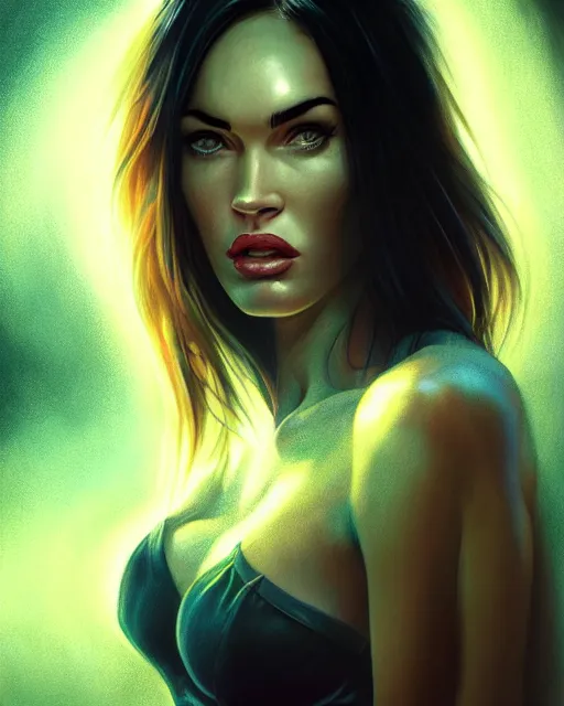 Image similar to megan fox cinematic portrait, volumetric lighting, stormy night, contrast, rain, jesper ejsing, artgerm, petros afshar, tom whalen