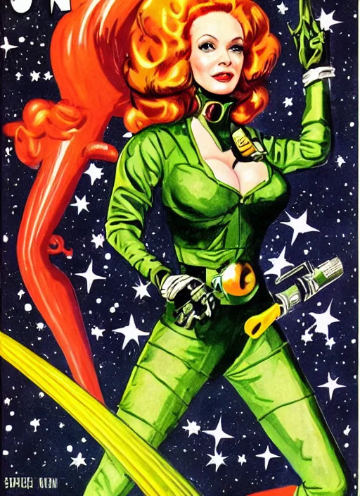 Prompt: Beautiful Christina Hendricks as badass space wizard in retro science fiction cover by Kelly Freas (1965), vintage 1960 print, detailed