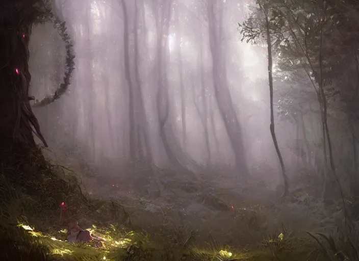 Prompt: will-o'-wisp forest, lush trees, flying fairies, a fantasy digital painting by Greg Rutkowski and James Gurney, trending on Artstation, highly detailed