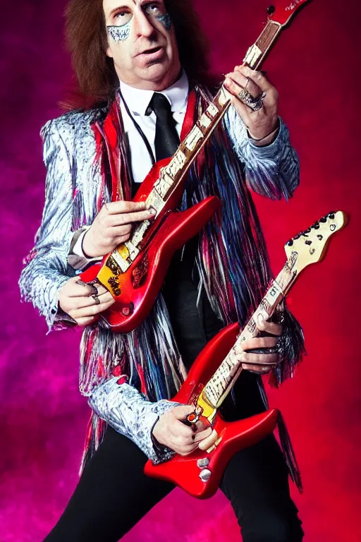 Prompt: saul goodman in a rock band, glam rock makeup, shredding playing guitar, hd image, on stage