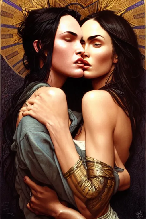 Image similar to portrait of megan fox kissing other woman, intricate, headshot, highly detailed, digital painting, artstation, concept art, sharp focus, cinematic lighting, illustration, art by artgerm and greg rutkowski, alphonse mucha, cgsociety