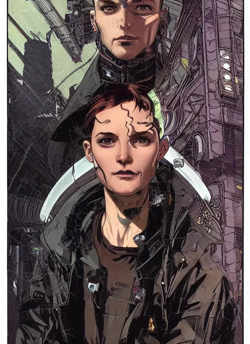 Prompt: cyberpunk factor worker. portrait by ashley wood and alphonse mucha and laurie greasley and josan gonzalez and james gurney. splinter cell, apex legends, rb 6 s, hl 2, d & d, cyberpunk 2 0 7 7. realistic face. character clothing. vivid color. dystopian setting.