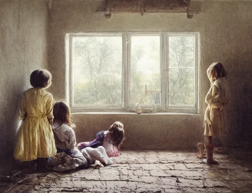 Image similar to peasant kids watching old tv in country house, back view, cottage core, cinematic focus, polaroid photo bleached vintage pastel colors high - key lighting, soft lights, foggy, by steve hanks, by lisa yuskavage, by serov valentin, by tarkovsky, 8 k render, detailed, oil on canvas