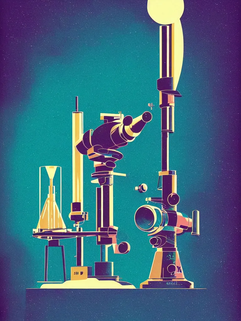 Image similar to ( ( strong dither ) ), editorial illustration scientific lab test tube telescope microscope astronaut, colorful modern, mads berg, karolis strautniekas, christopher balaskas, fine texture, dynamic composition, detailed, matte print, dynamic perspective, halftone texture, muted color, lomography, risograph