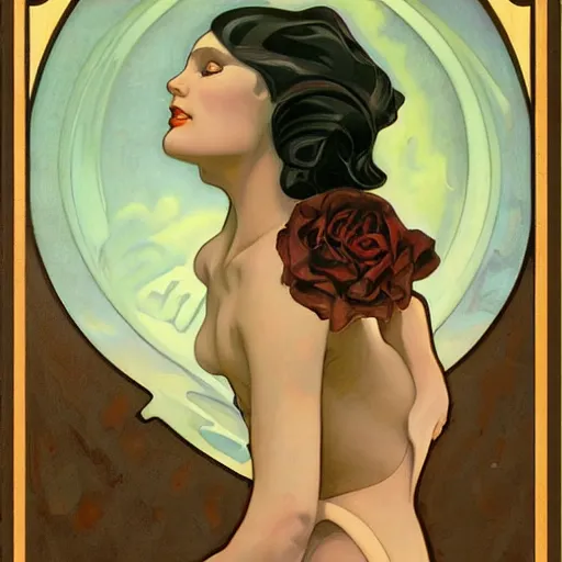 Image similar to a streamline moderne painting in the style of gerald brom, and in the style of charlie bowater, and in the style of alphonse mucha. symmetry, smooth, sharp focus, semi - realism, intricate detail.