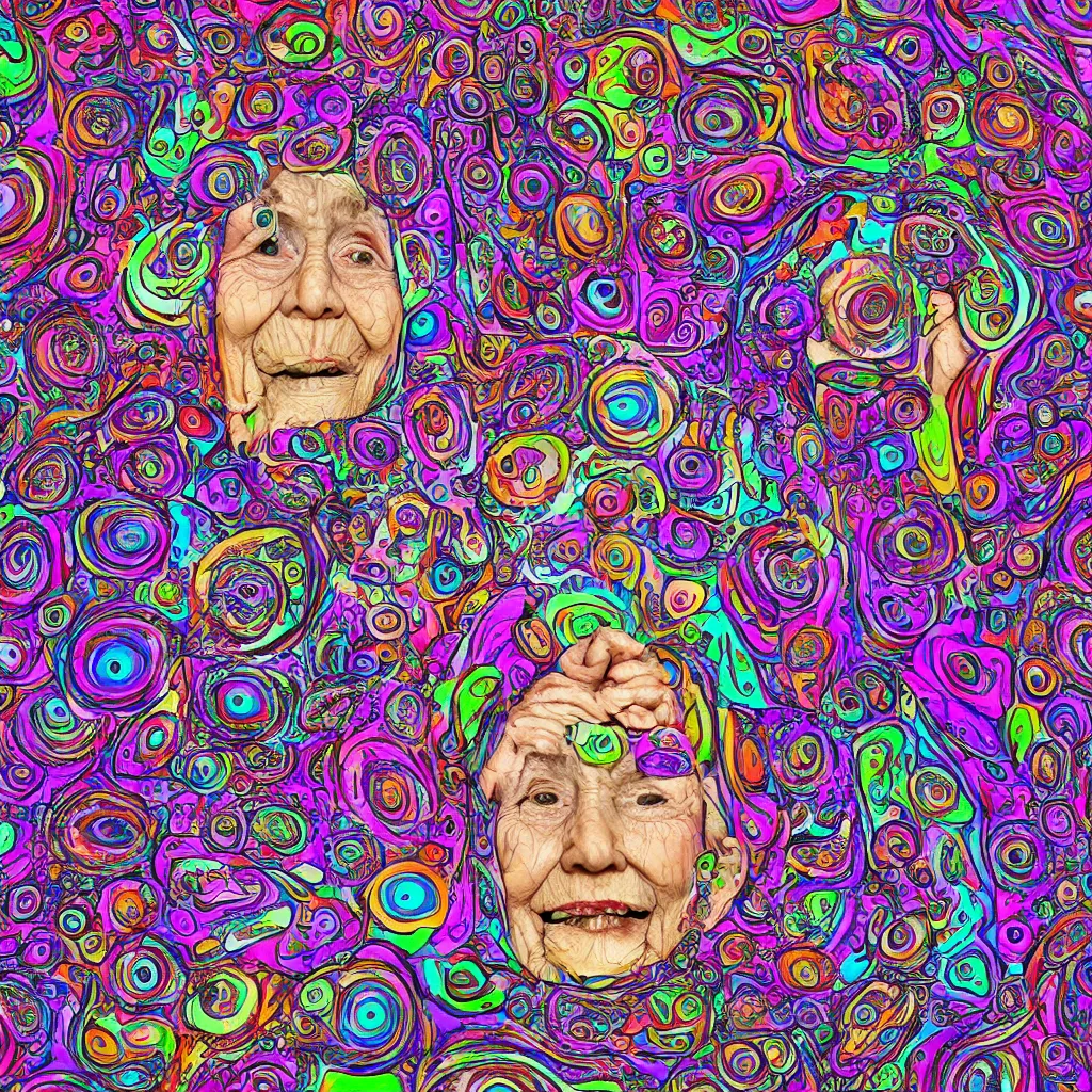 Prompt: psychedelic granny eating a bowl of eyes, salviadroid, 4 k, digital art, hyperrealism