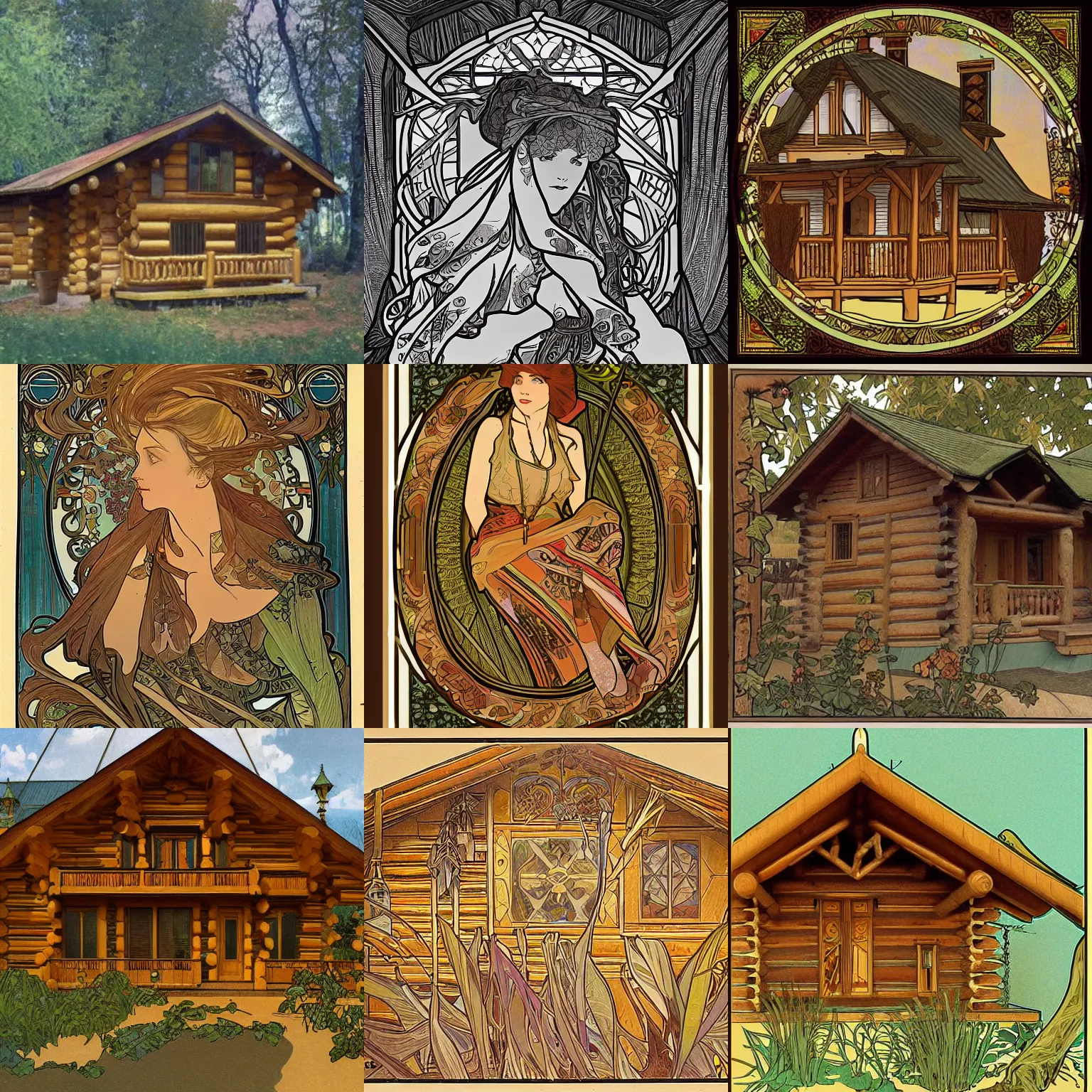 Image similar to a log cabin in the style of alphonse mucha