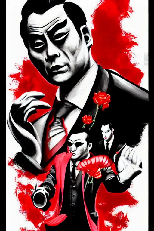 Image similar to chinnese mafia, with black suit and red tissue, some of leader have dragon tatto. digital art, concept art, pop art, bioshock art style, accurate, detailed, gta chinatown art style, dynamic, face features, body features, proportional, ultra realistic, smooth, sharp focus, art by richard hamilton and mimmo rottela