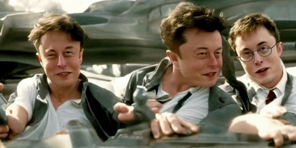 Image similar to a screenshot of Elon Musk and Harry Potter flying with Harry’s broom, in a late 2000’s movie, low quality, vhs quality